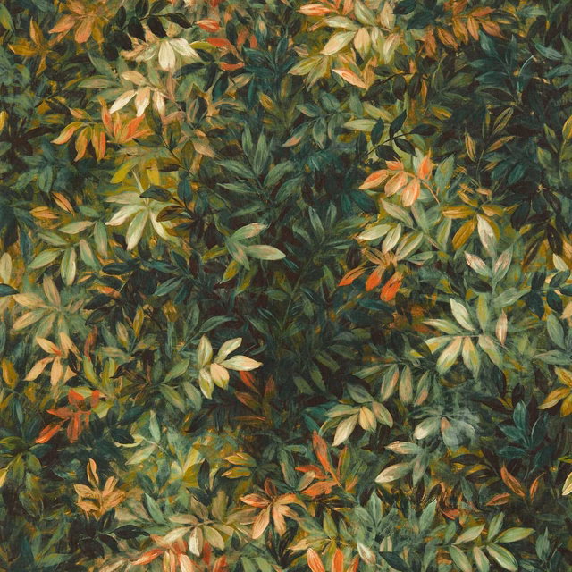 Dense painterly foliage in deep green, ochre, cream and terracotta