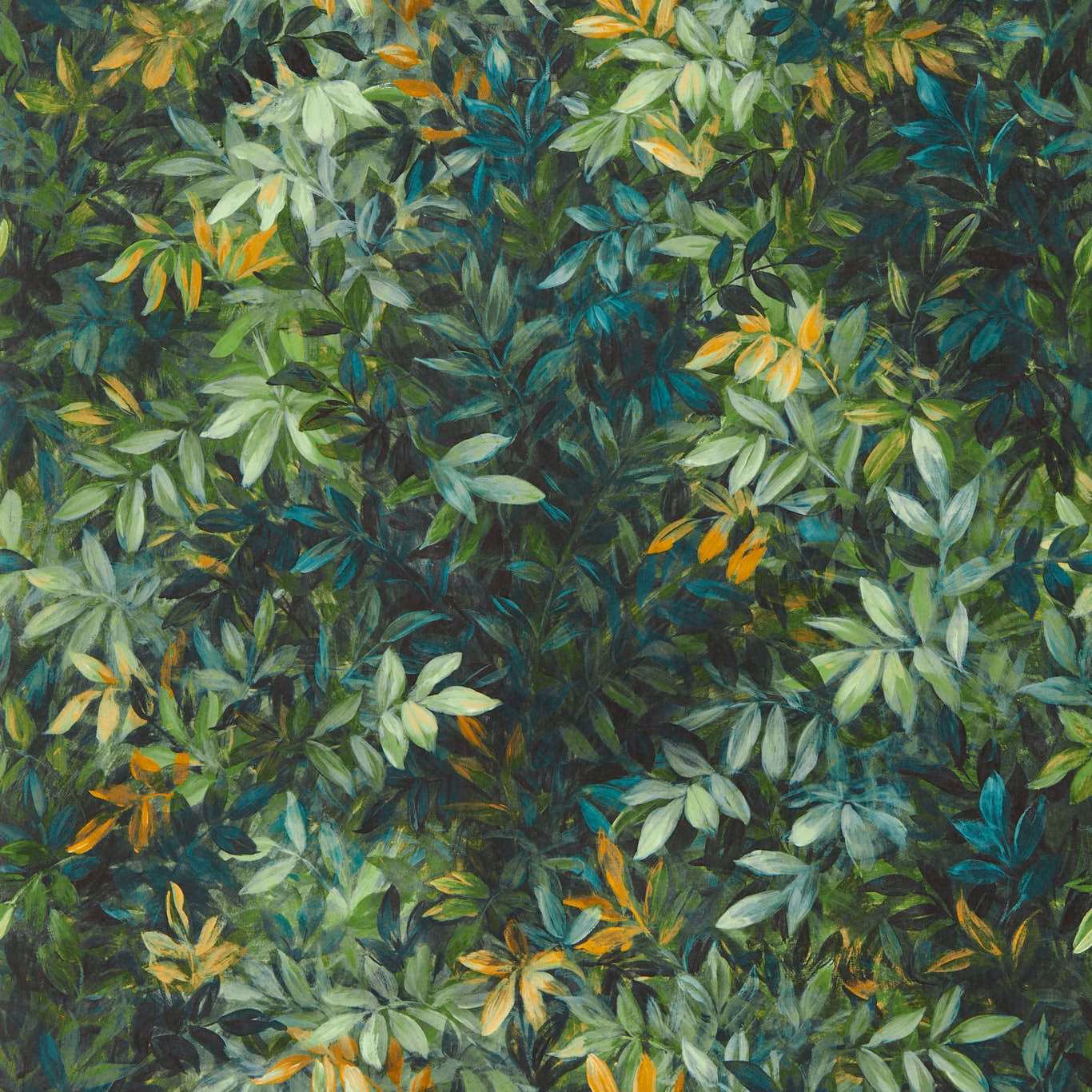 Dense forest-green foliage with teal, sage and ochre leaves in painterly detail