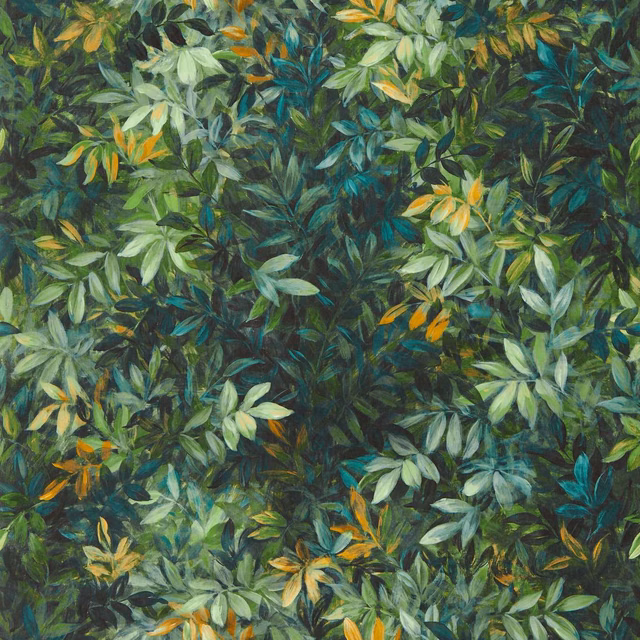 Dense forest-green foliage with teal, sage and ochre leaves in painterly detail