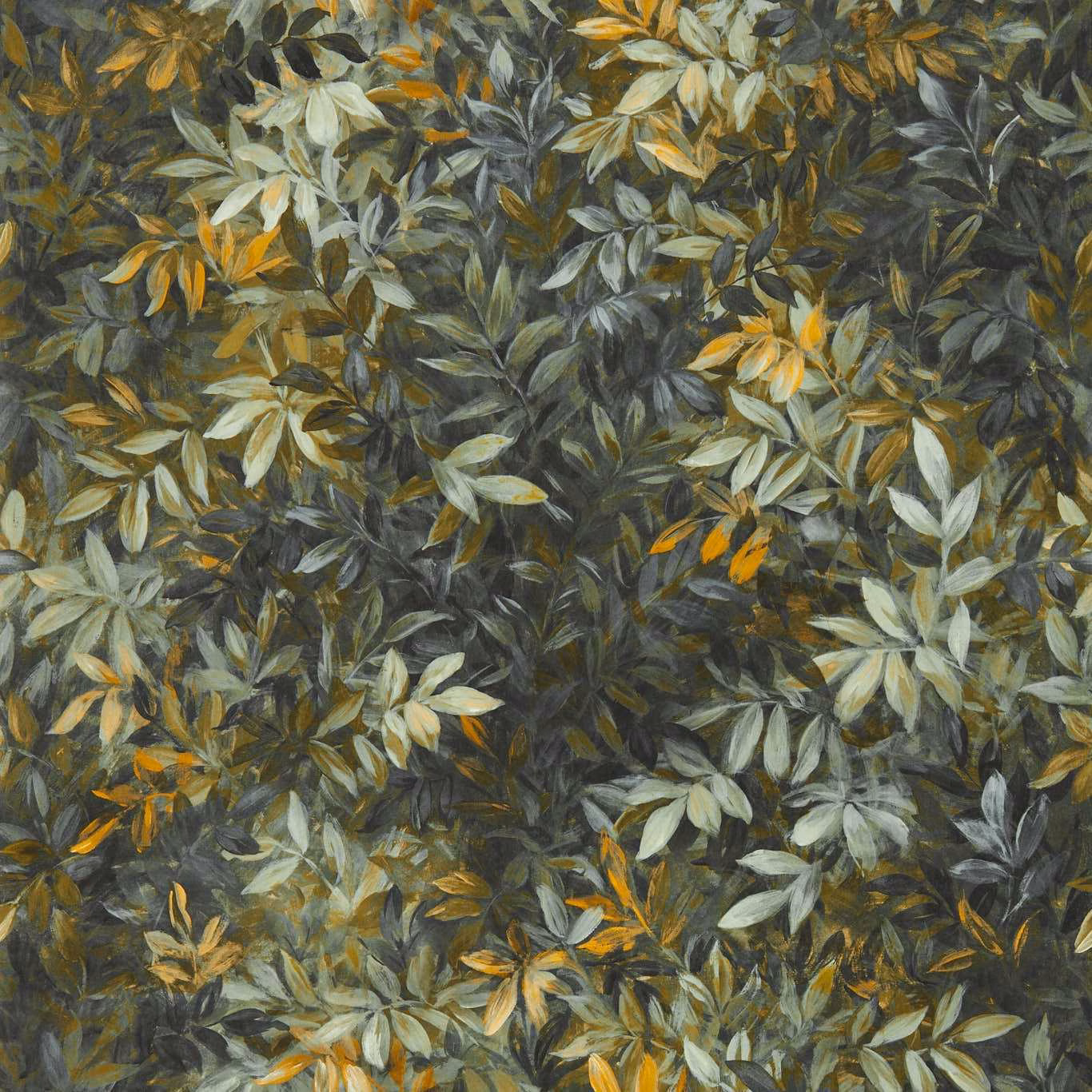 Charcoal botanical wallpaper with sage foliage and ochre leaves in a dense painterly pattern