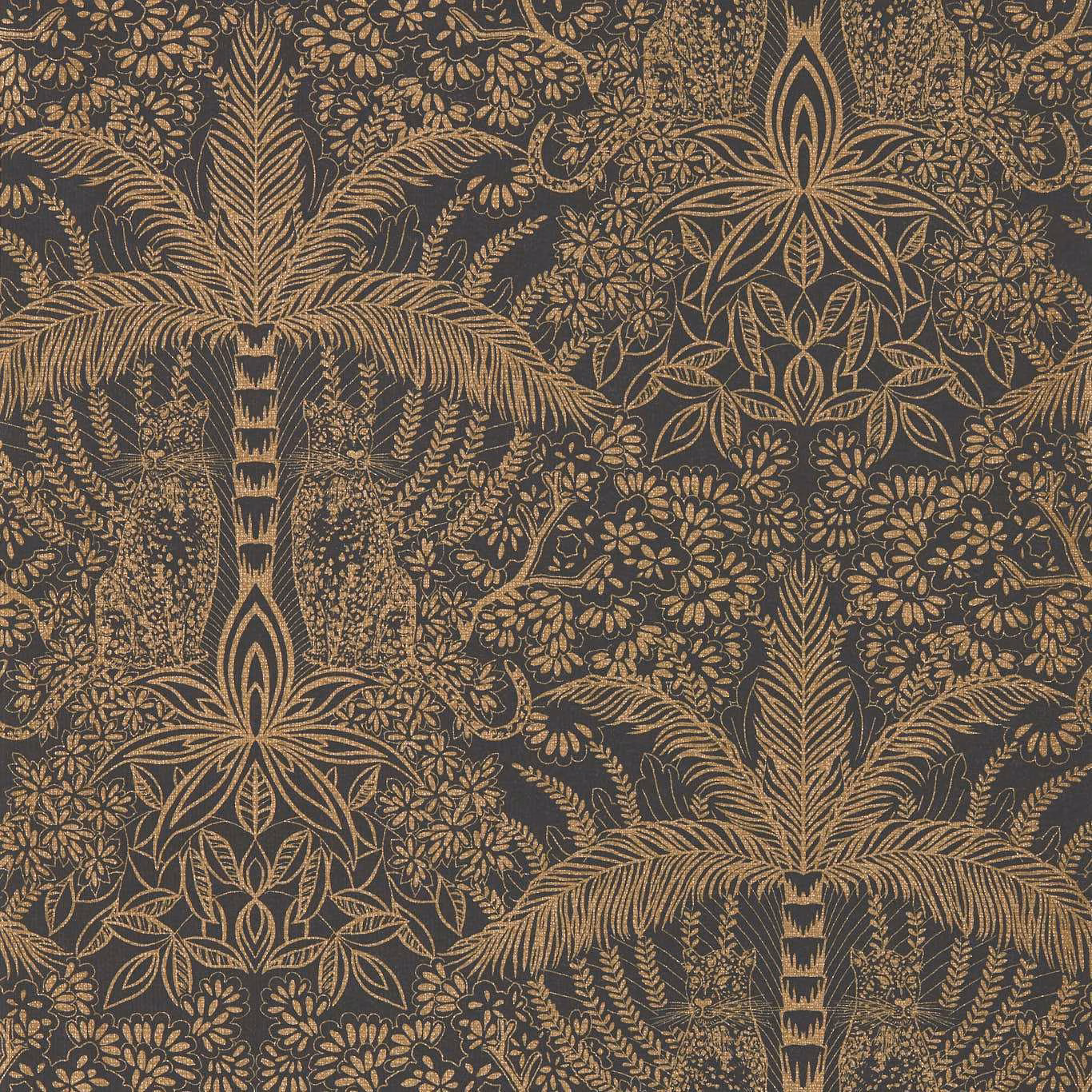 Antique-gold palms and florals across a charcoal-black botanical wallpaper