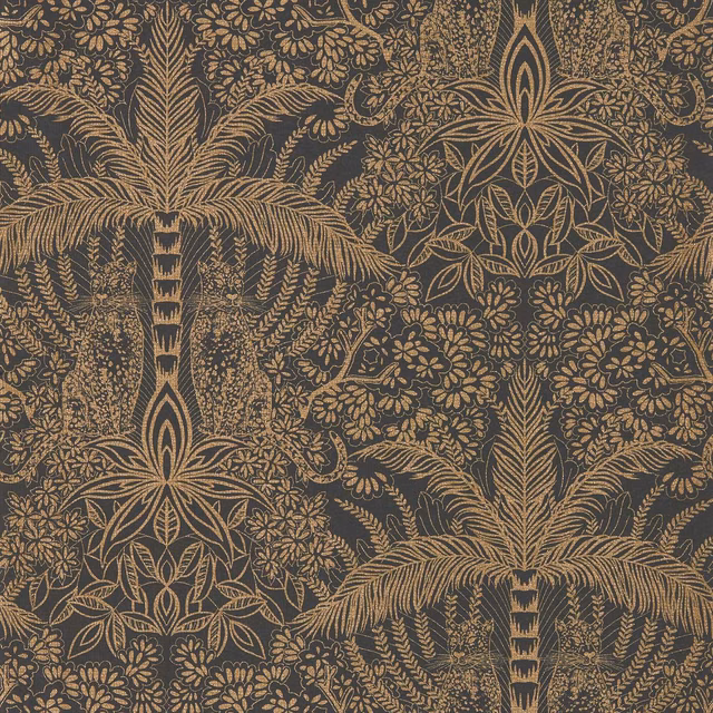Antique-gold palms and florals across a charcoal-black botanical wallpaper