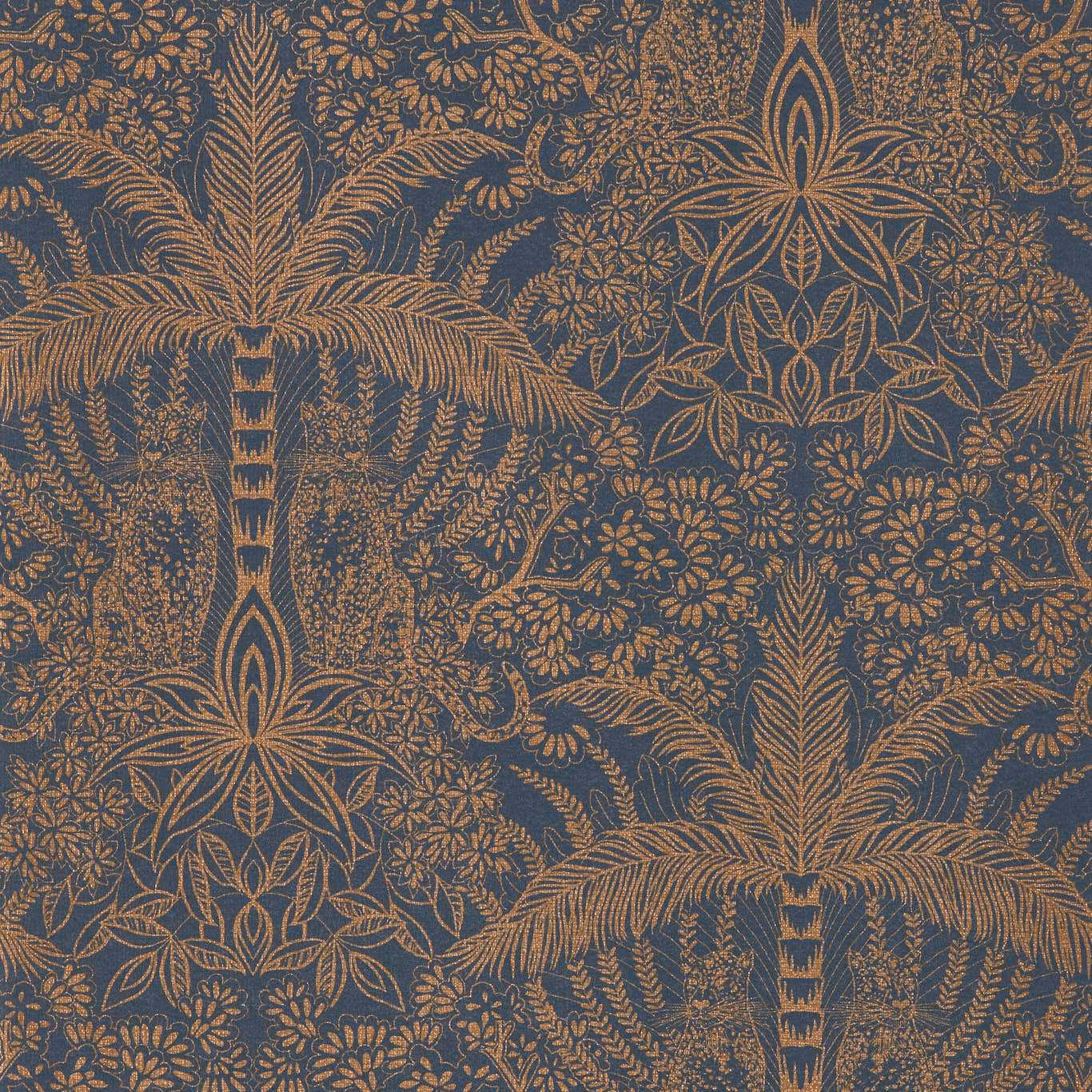 Copper palm fronds and floral tracery on a deep midnight-blue ground