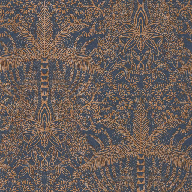 Copper palm fronds and floral tracery on a deep midnight-blue ground