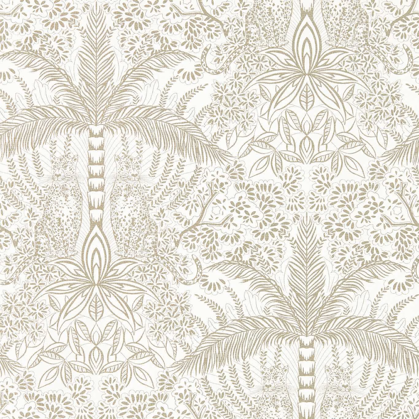 Warm gold palms and floral linework densely arranged across an ivory wallpaper ground