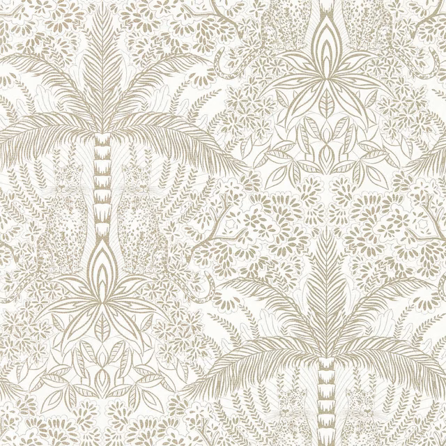 Warm gold palms and floral linework densely arranged across an ivory wallpaper ground