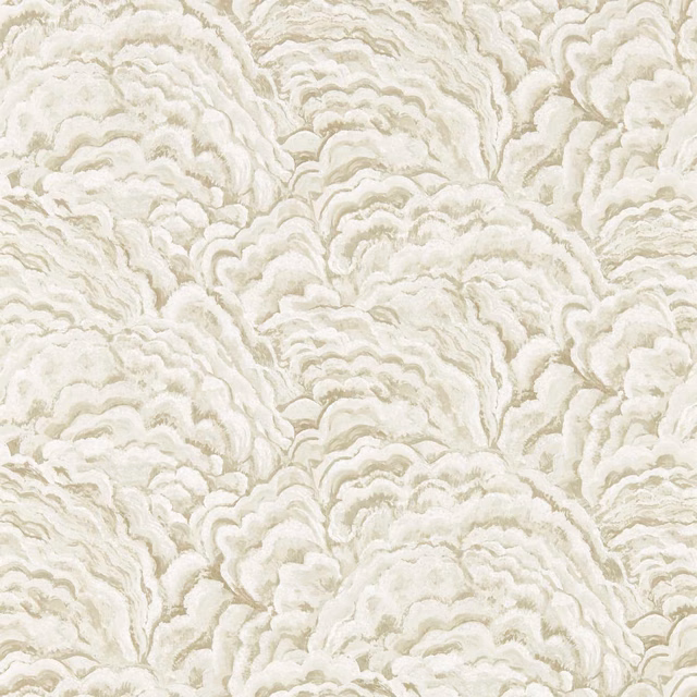 Pale champagne-gold wallpaper with layered feather-like scrolls and soft ivory shading