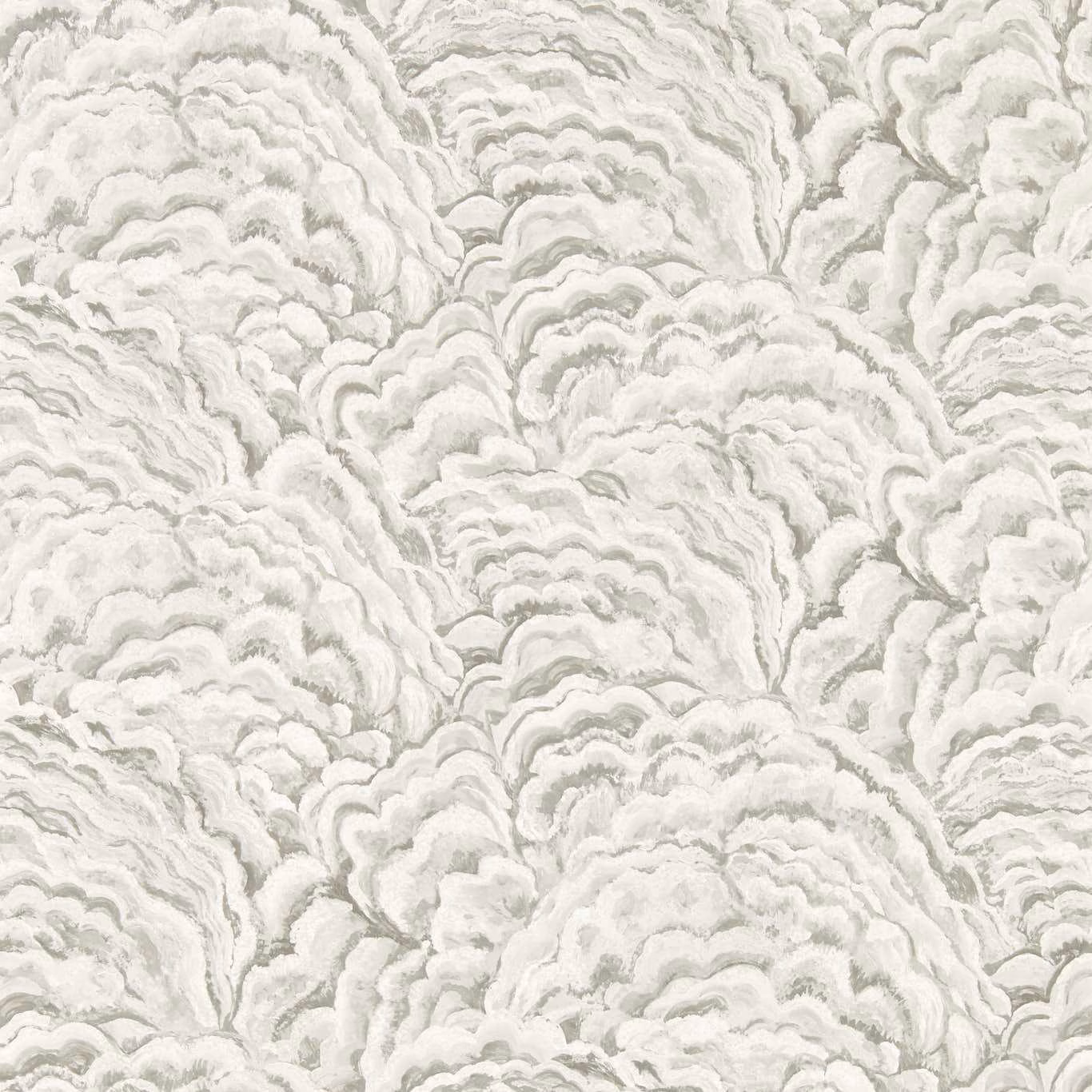 Ivory wallpaper with pale grey, layered cloud-plume motifs in a dense repeat