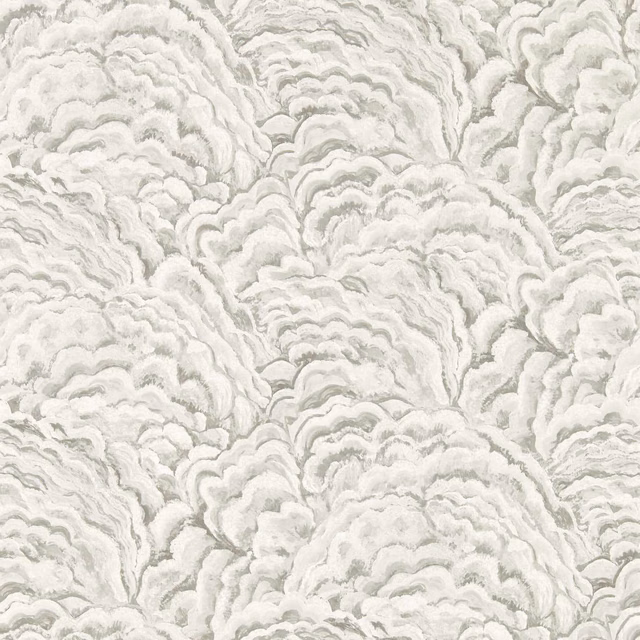 Ivory wallpaper with pale grey, layered cloud-plume motifs in a dense repeat