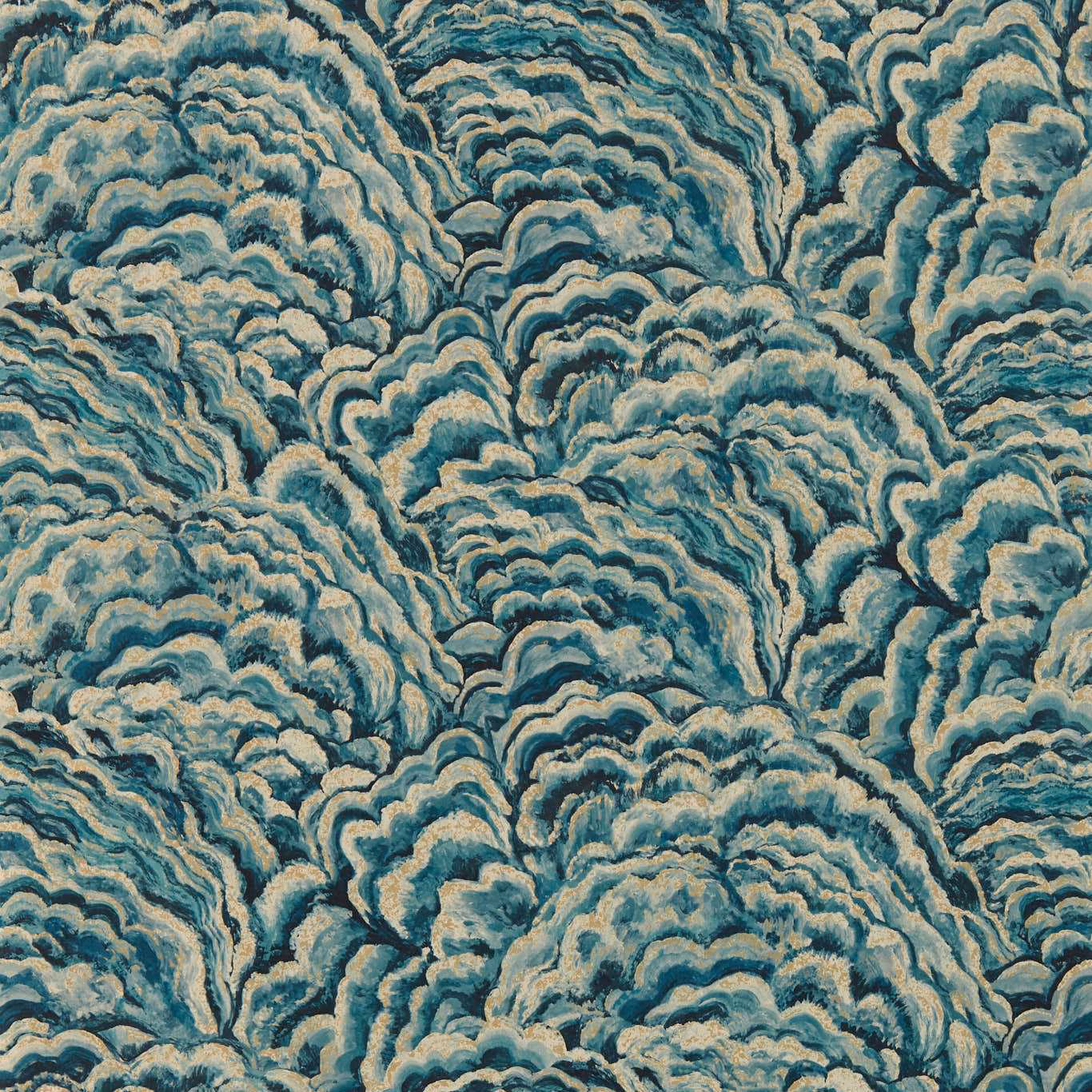 Cool teal wallpaper with layered kingfisher-blue and silver-beige cloud-like motifs