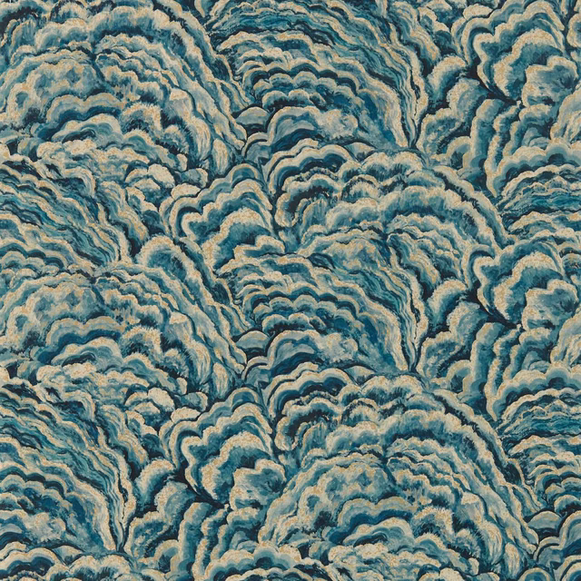Cool teal wallpaper with layered kingfisher-blue and silver-beige cloud-like motifs