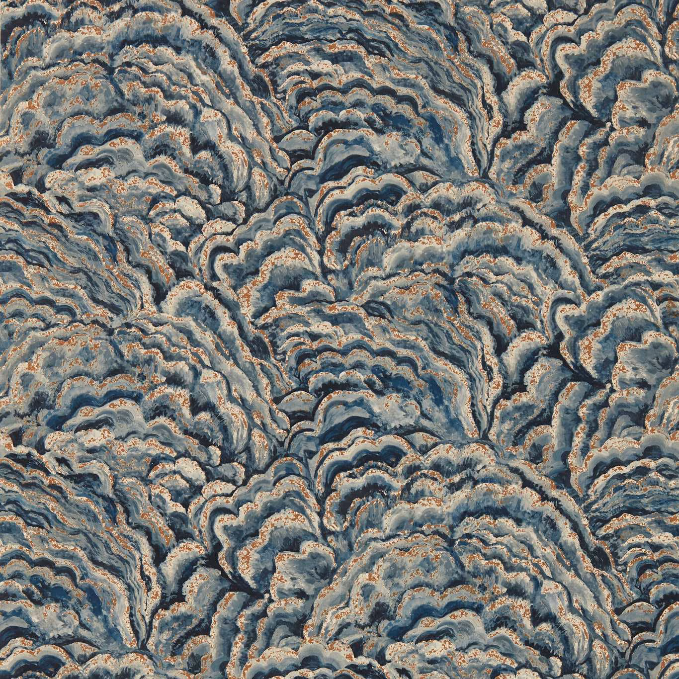 Midnight blue wallpaper with swirling slate, cream and copper cloud-like marbling