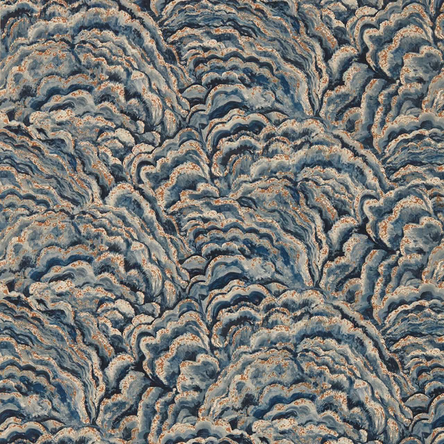 Midnight blue wallpaper with swirling slate, cream and copper cloud-like marbling