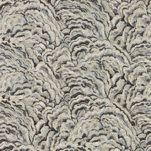 Silver-grey and black feathered plumes with pale-gold highlights in a dense repeat