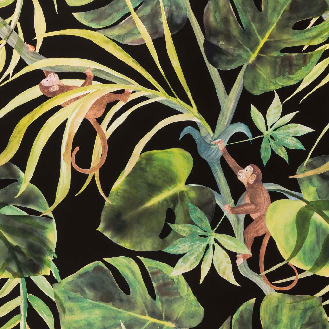 Ebony wallpaper with lime and emerald tropical leaves and climbing brown monkeys
