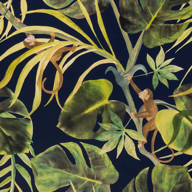 Painterly green jungle leaves and brown monkeys on a deep indigo wallpaper ground