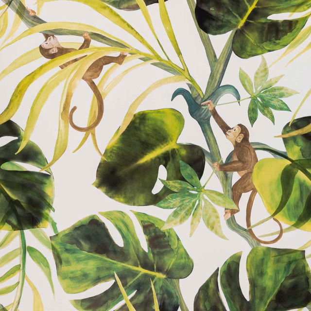 Ivory wallpaper with vivid green tropical leaves and climbing brown monkeys