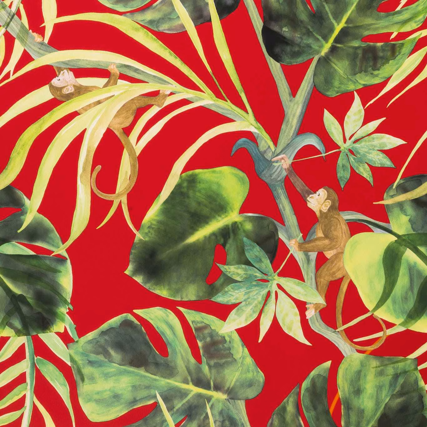 Vivid scarlet wallpaper with painterly green tropical leaves, cream flowers and small monkeys