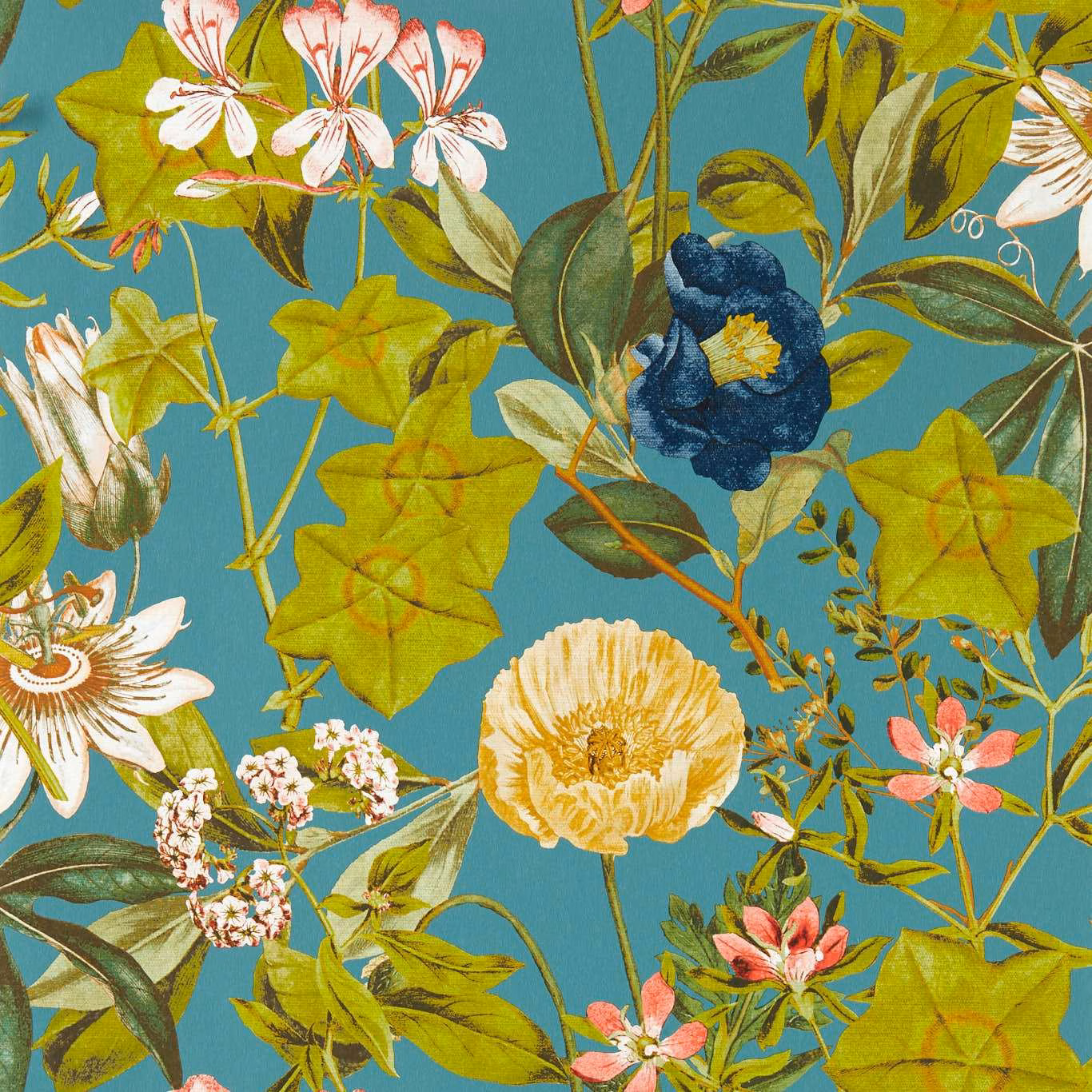 Teal botanical wallpaper with cream, navy and blush flowers and lime-green leaves