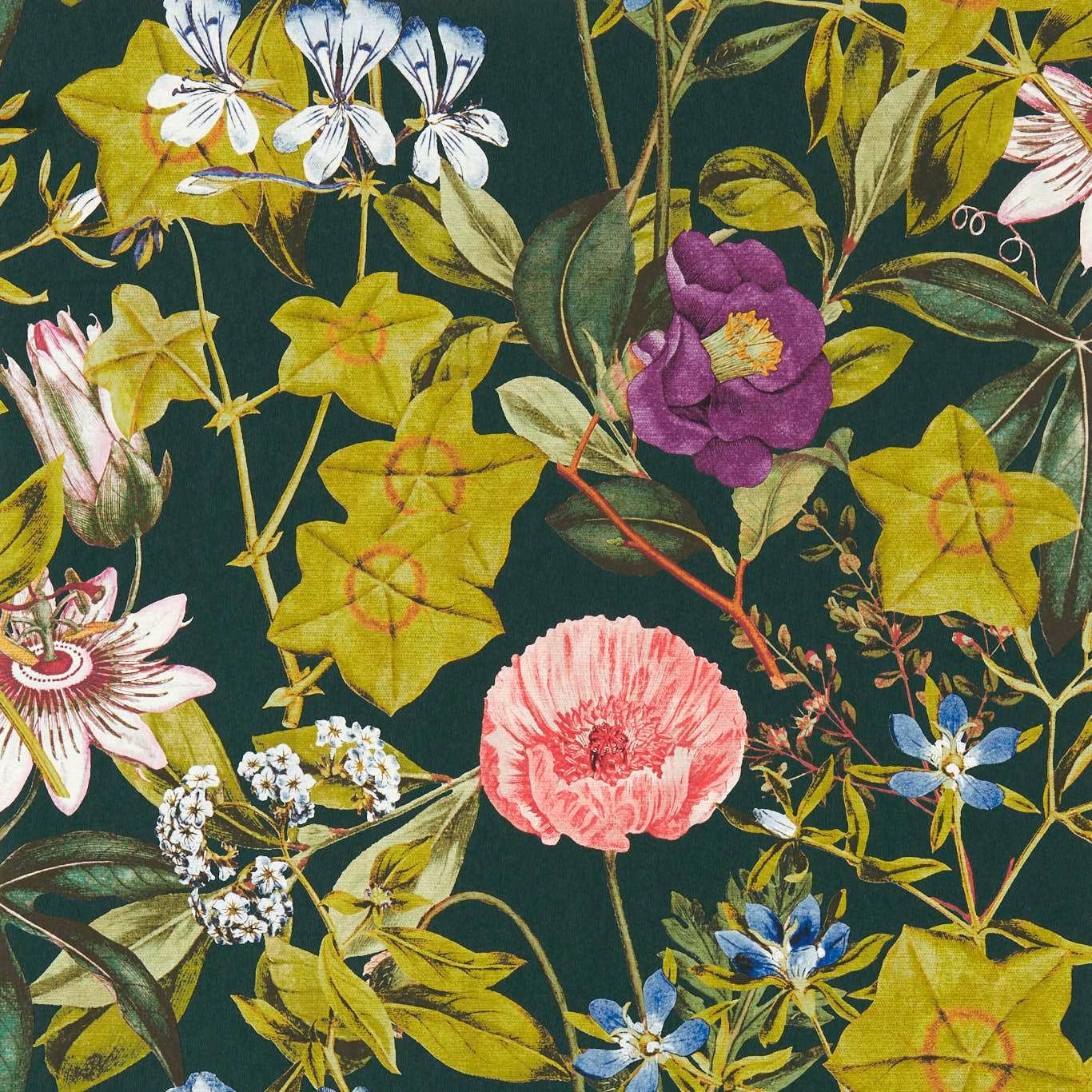 Deep emerald wallpaper with pink, purple, white and blue flowers among lime leaves