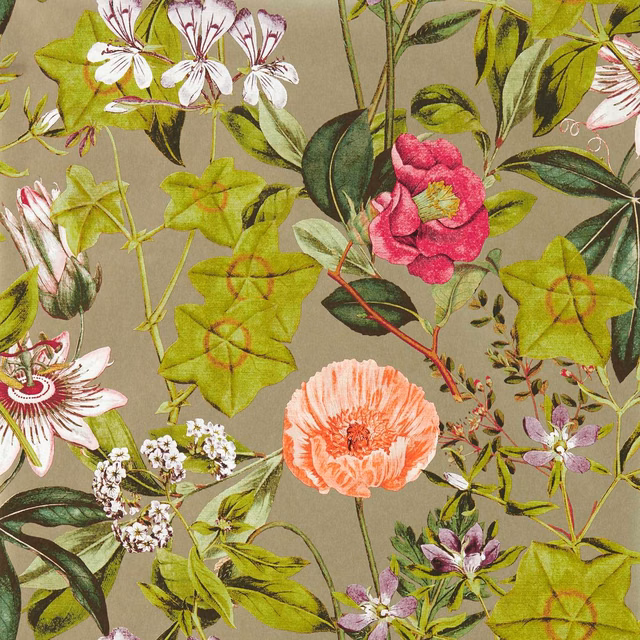 Taupe botanical wallpaper with lime foliage, white flowers, mulberry bloom and coral peony