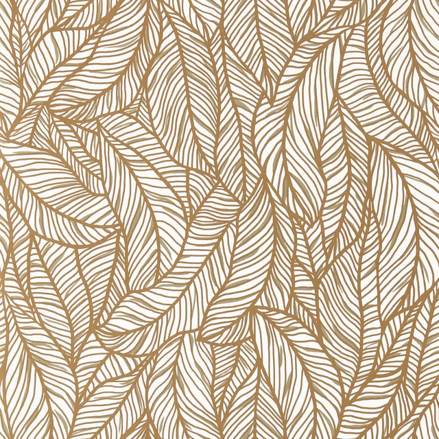 Warm bronze palm-like leaves layered across an ivory wallpaper ground