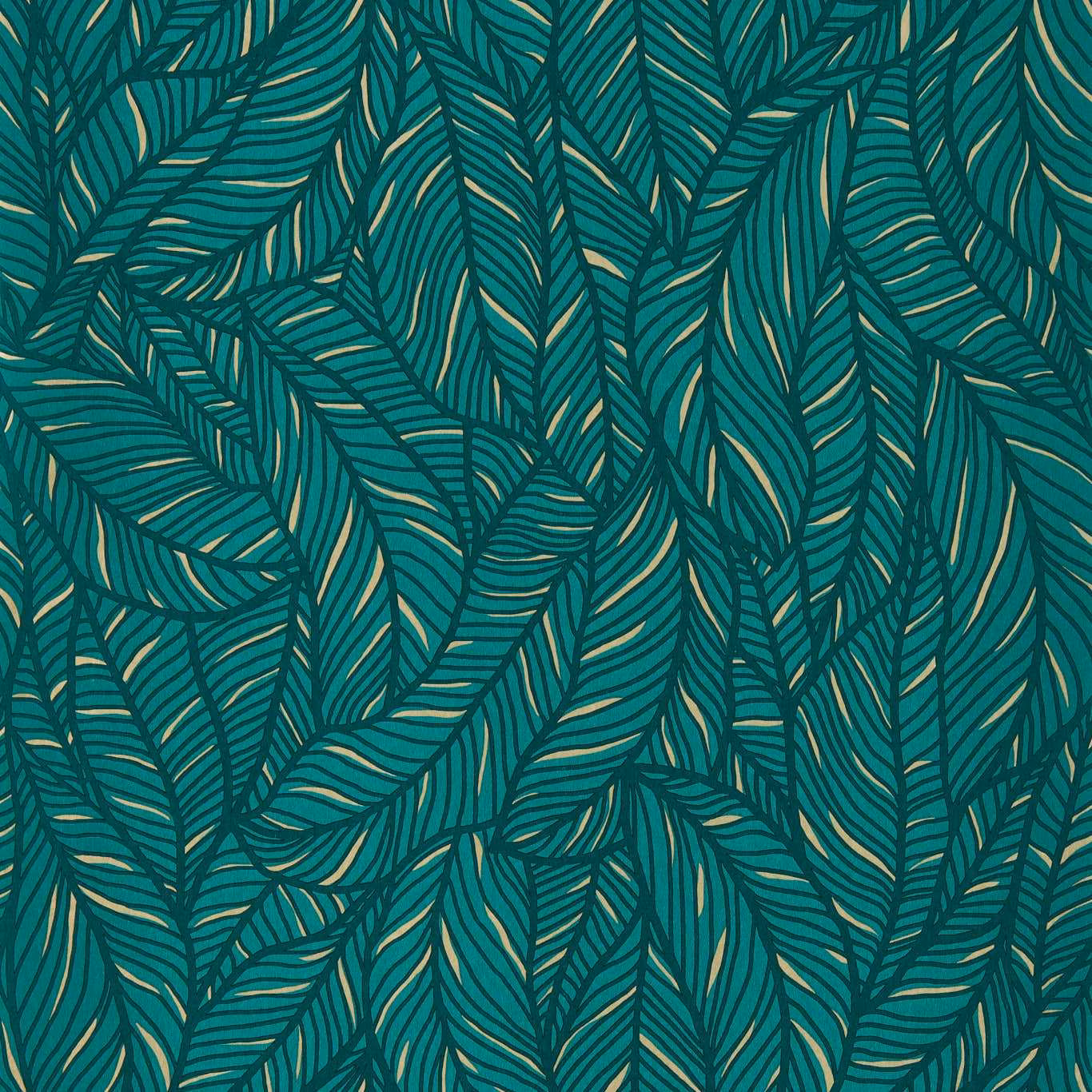 Deep emerald wallpaper with layered tropical leaves and fine ochre-green veining