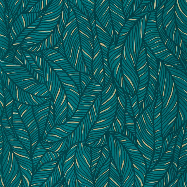 Deep emerald wallpaper with layered tropical leaves and fine ochre-green veining