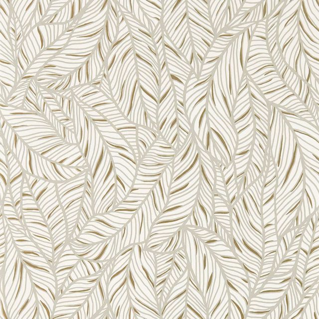 Cream champagne wallpaper with overlapping sage-grey striped leaf fronds