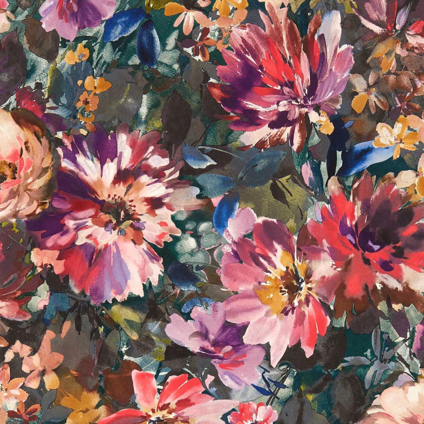 Dense jewel-toned floral wallpaper in amethyst, emerald, coral and blush pink