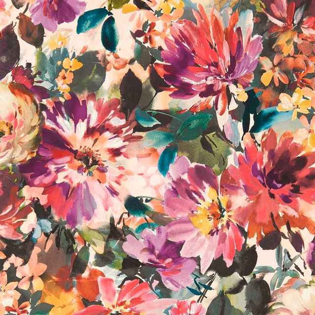 Painterly fuchsia floral wallpaper with coral blooms, teal leaves and cream ground