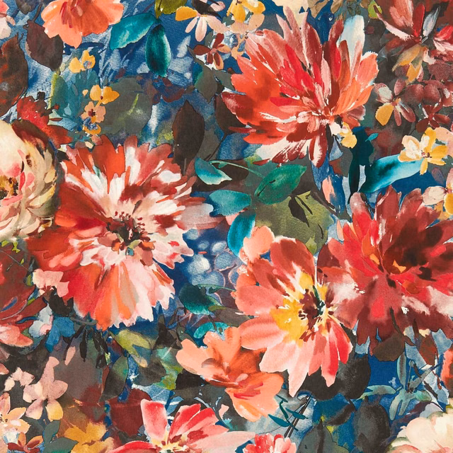 Large coral and red flowers on deep midnight blue with teal foliage