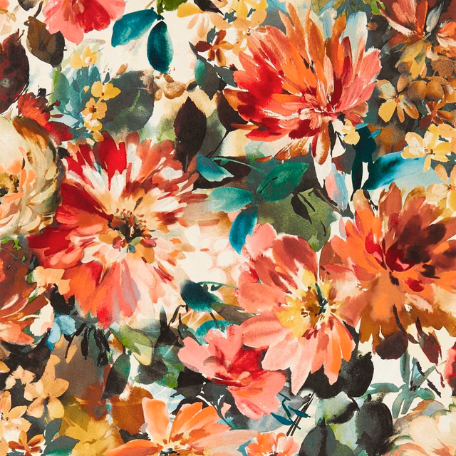 Red, coral and teal painted flowers with dark foliage on a cream Tahiti Rouge wallpaper