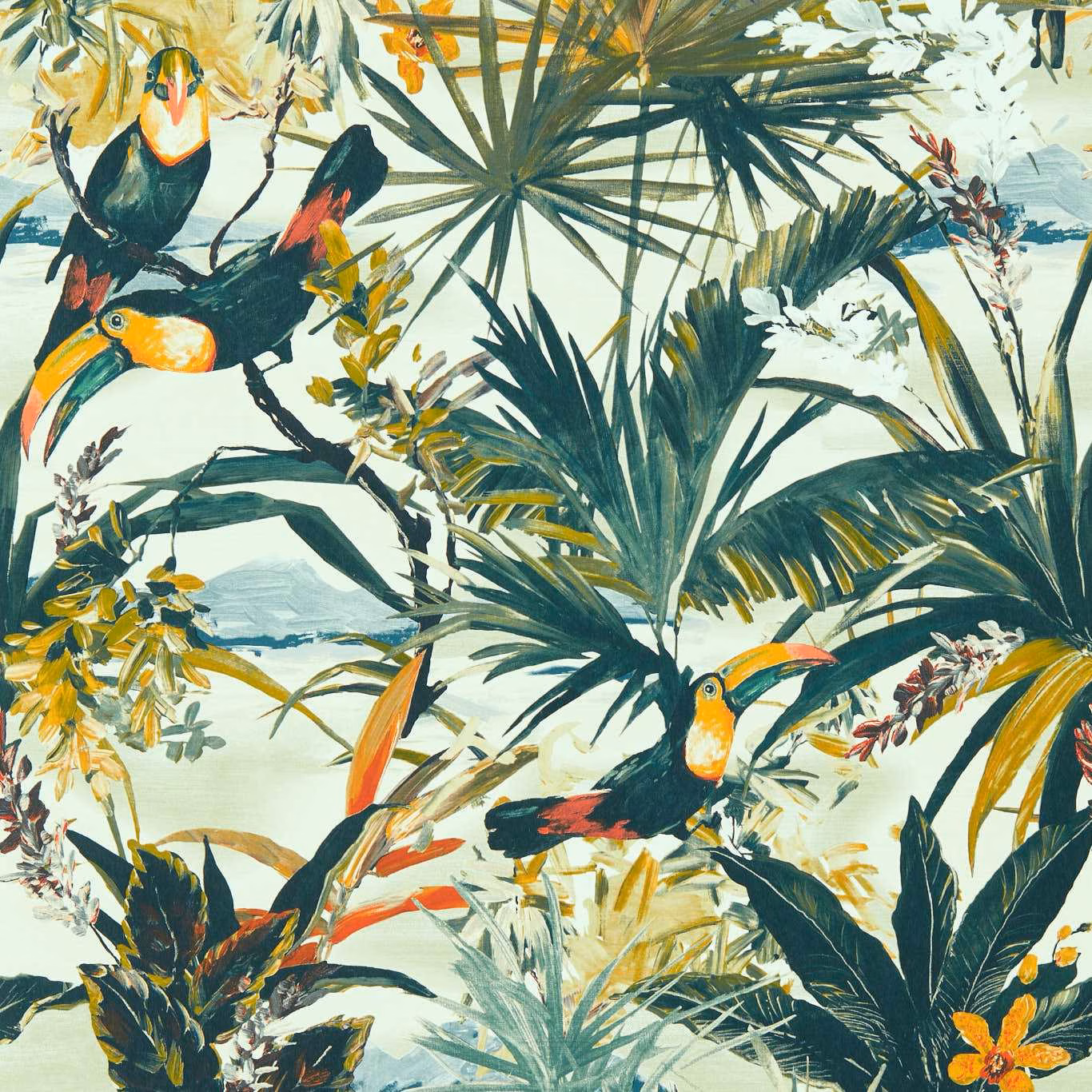 Ivory tropical wallpaper with teal palms, vivid toucans, coral accents and painterly foliage