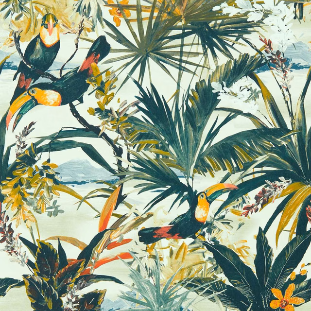Ivory tropical wallpaper with teal palms, vivid toucans, coral accents and painterly foliage