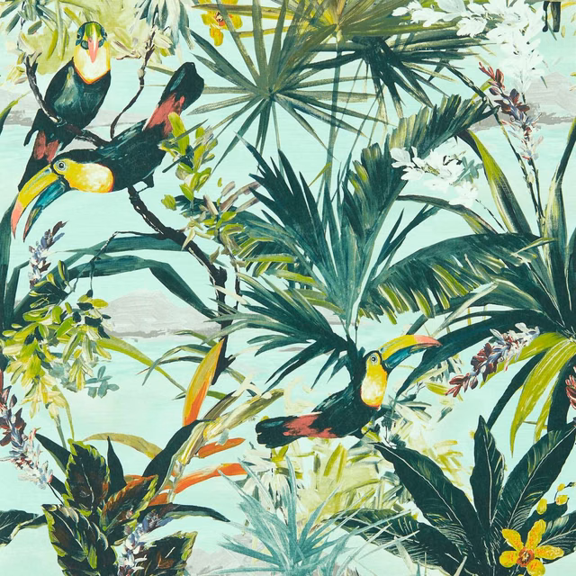 Pale aqua tropical wallpaper with toucans, palms, deep green leaves and coral accents