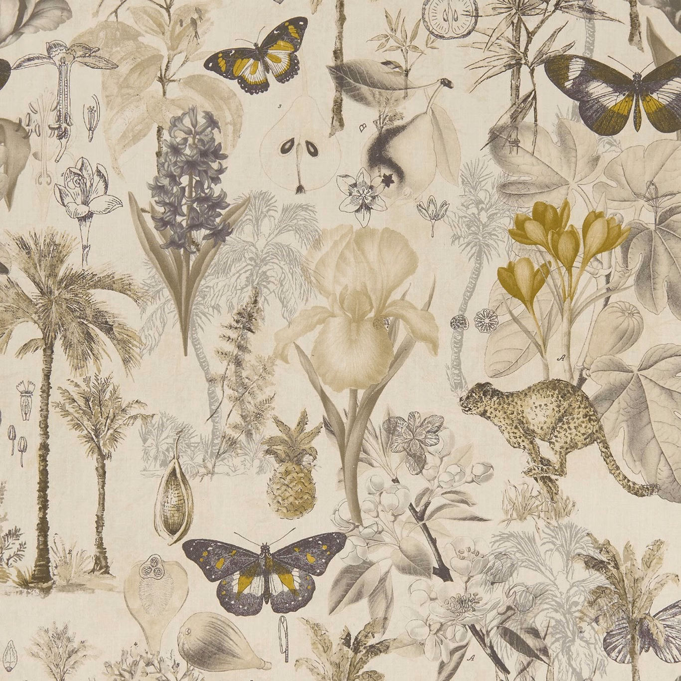 Charcoal butterflies and chartreuse flowers across a pale botanical fabric