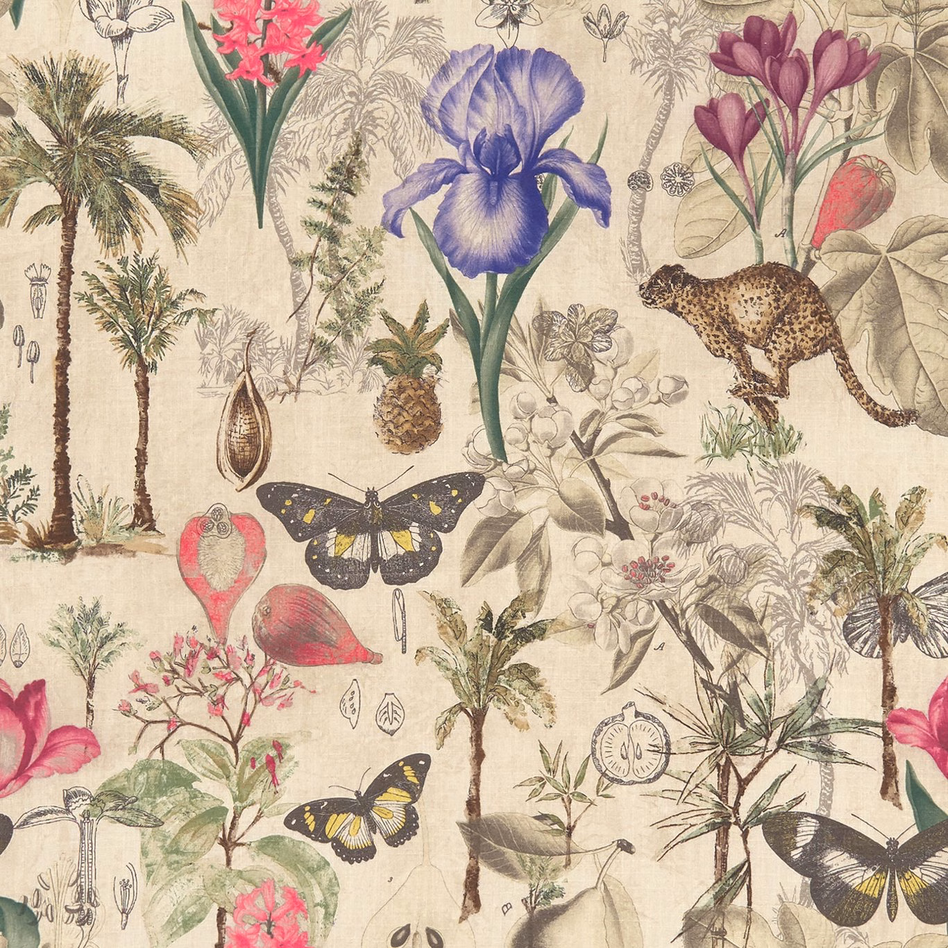 Cream botanical fabric with violet iris, pink flowers, palms, leopard and butterflies