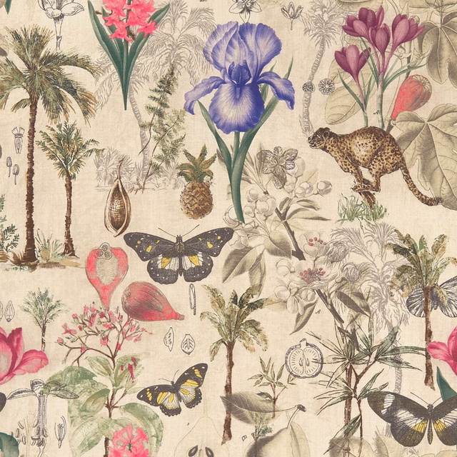 Cream botanical fabric with violet iris, pink flowers, palms, leopard and butterflies