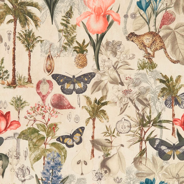 Cream tropical fabric with coral hibiscus, palms, butterflies and leopard illustration