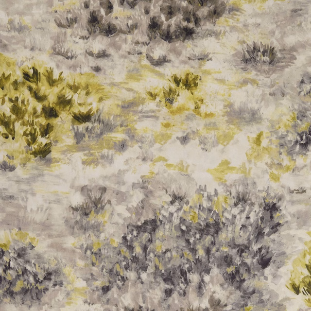 Charcoal and chartreuse painterly floral clusters on a softly textured grey ground