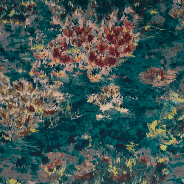 Deep teal Fiore fabric with burgundy, cream and yellow painterly flowers