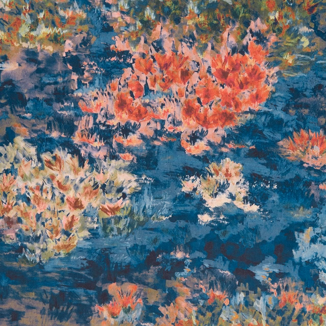 Painterly coral and cream flowers across a deep midnight teal floral fabric ground