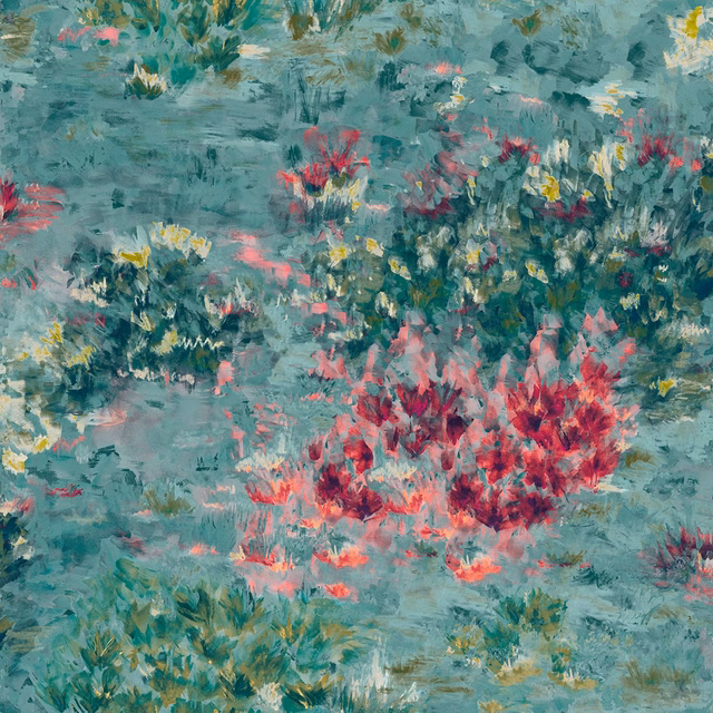 Mineral teal floral fabric with coral blooms, deep foliage and painterly textured brushwork