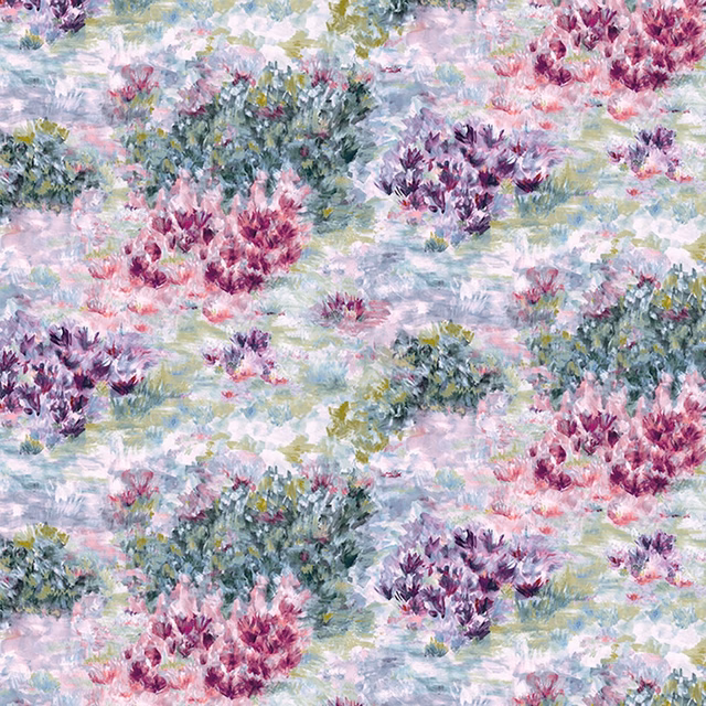 Painterly slate floral fabric with amethyst flower clusters, pink blooms and sage foliage