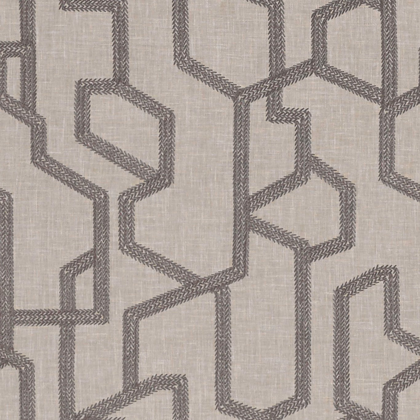 Warm taupe woven fabric with charcoal interlocking angular links and chevron texture