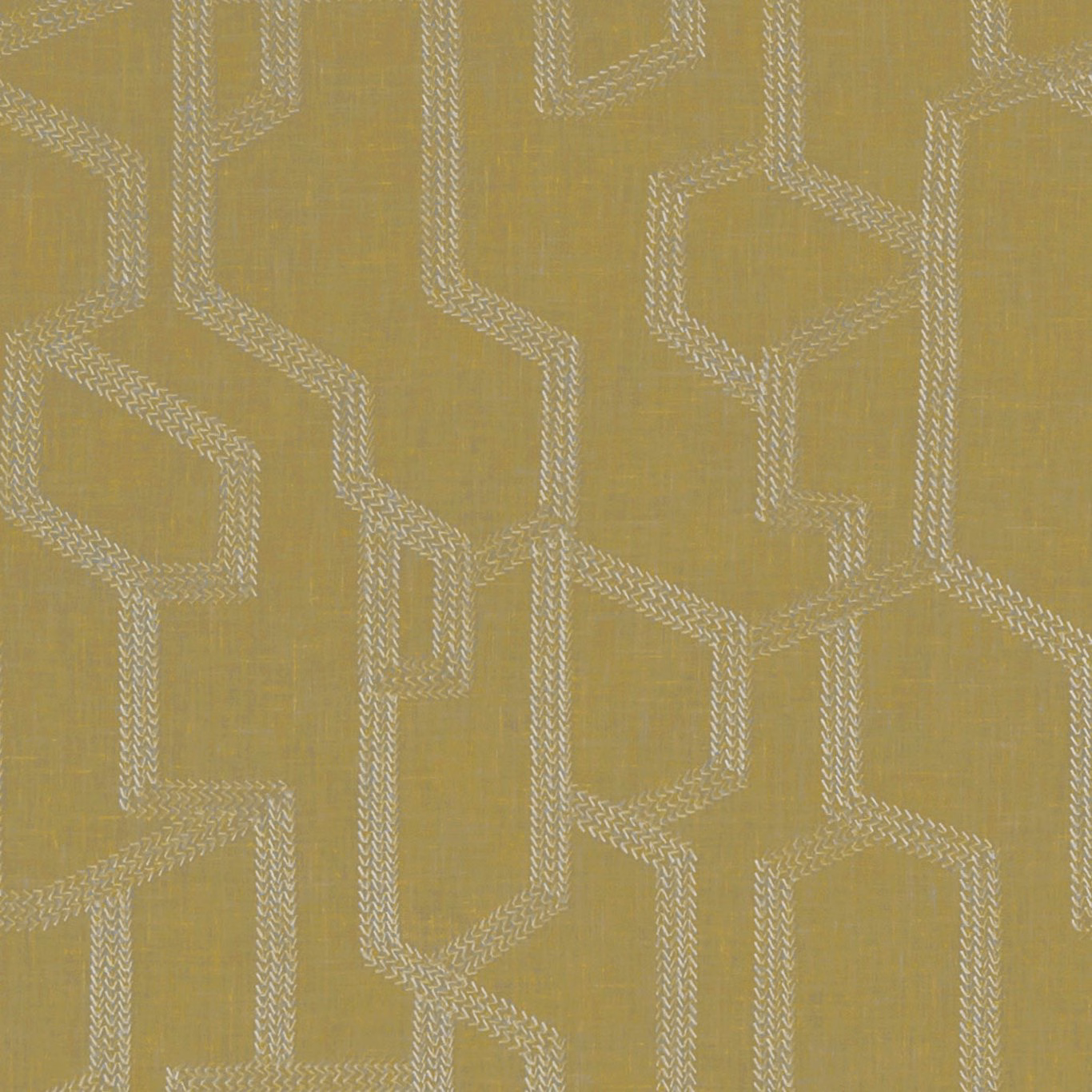 Muted citron-olive woven ground with ivory angular labyrinth lines and fine texture