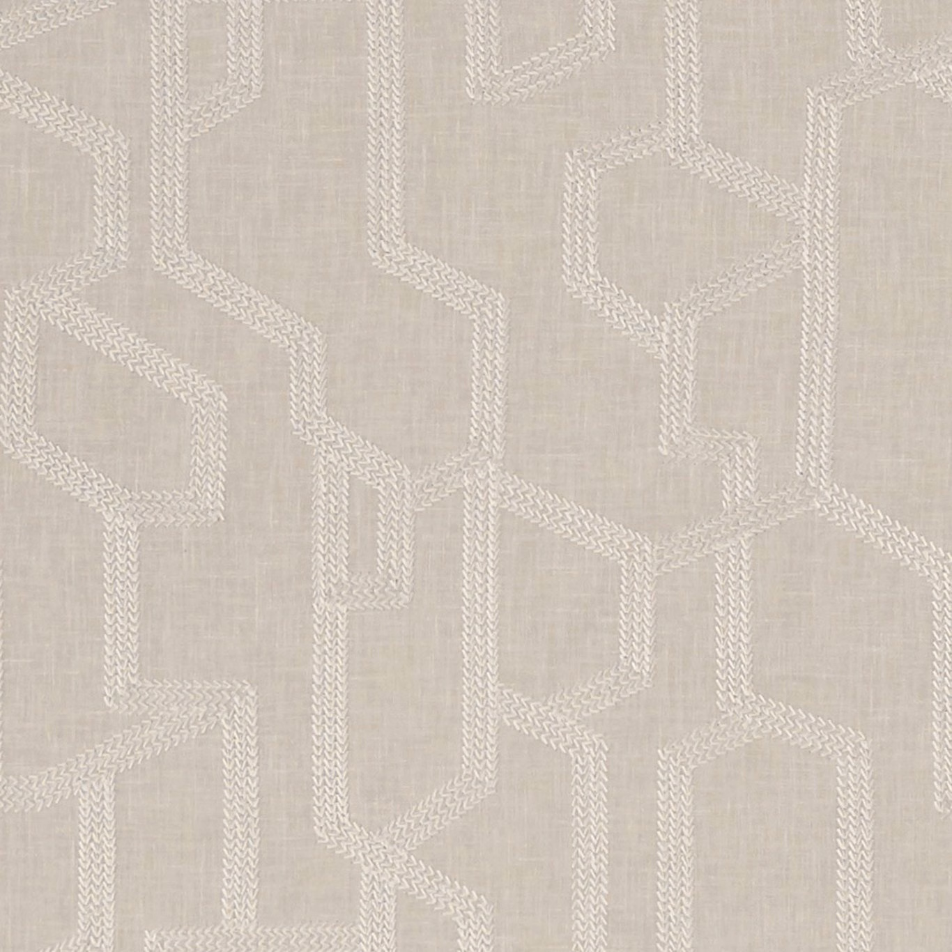 Pale greige woven fabric with ivory geometric maze lines and linen texture