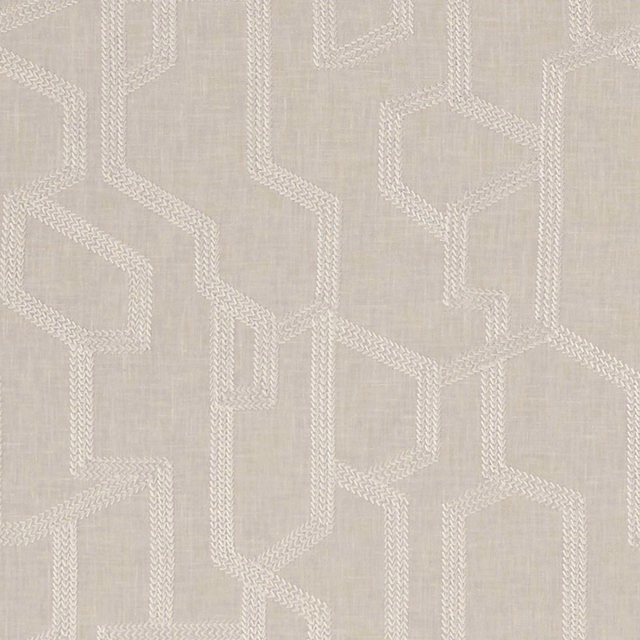Pale greige woven fabric with ivory geometric maze lines and linen texture