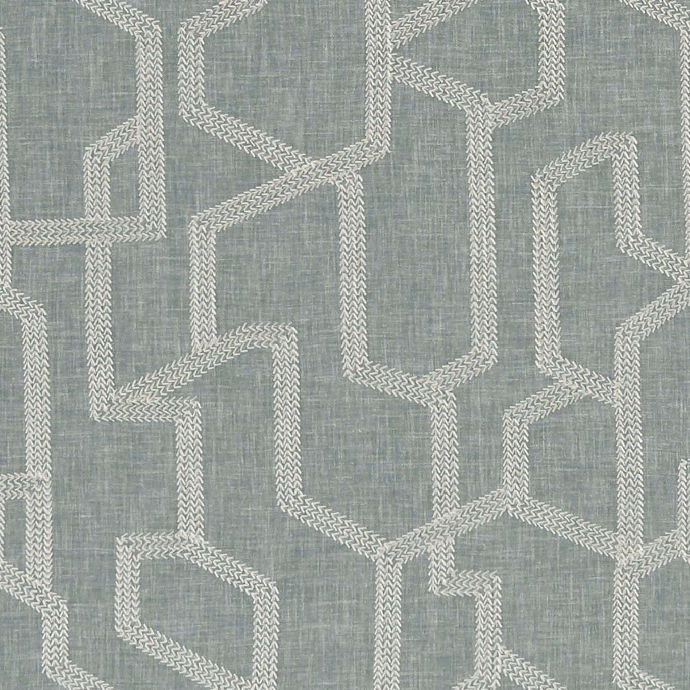 Cool blue-grey woven fabric with ivory interlocking chevron geometry and crosshatched texture